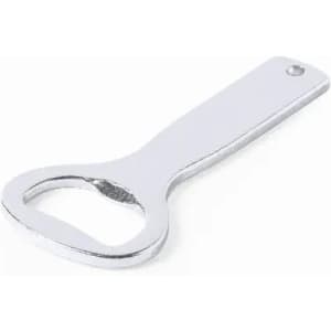 A bottle opener with a silver metallic finish, featuring a rounded opening and a flat handle.