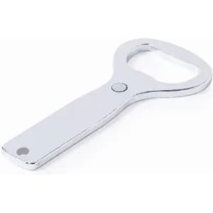 A bottle opener with a sleek chrome finish and a sturdy handle. It features a circular opening for bottle caps.
