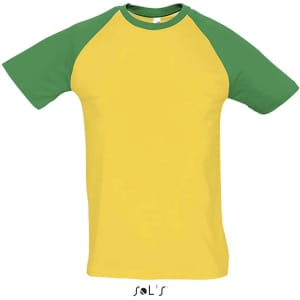 A yellow and green two-colour raglan sleeve T-shirt features a logo.