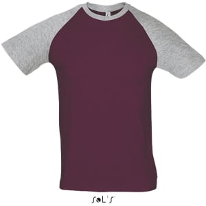 A two-colour raglan sleeve T-shirt featuring a burgundy body and grey sleeves, with a logo at the bottom.