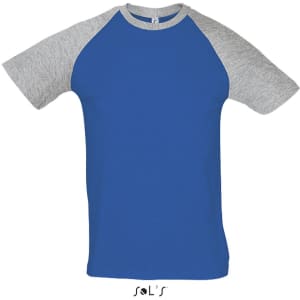 A blue t-shirt with grey raglan sleeves and a logo at the bottom.