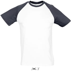 A white T-shirt with dark grey raglan sleeves and a logo at the bottom.