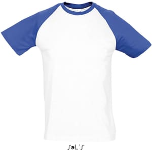 A two-colour raglan sleeve T-shirt featuring white body and blue sleeves, with a logo at the bottom.