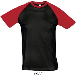 A black T-shirt with red raglan sleeves, featuring a simple design and a logo at the bottom.