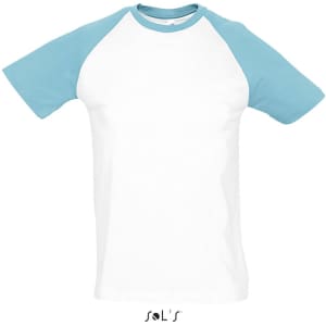 A two-colour raglan sleeve T-shirt with white body and light blue sleeves. The product features a logo.