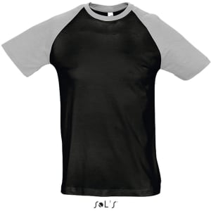 A men's two-colour raglan sleeve T-shirt featuring a black body and grey sleeves, with a logo at the bottom.
