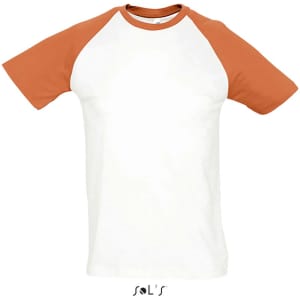 A two-colour raglan sleeve T-shirt with white body and orange sleeves. It has a logo on the front.
