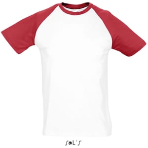 A men's raglan sleeve T-shirt featuring white fabric with red sleeves and a logo at the bottom.