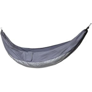 A grey hammock with a pocket, suspended by hooks at both ends. Features a sleek, lightweight design.