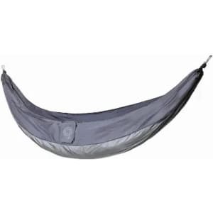 A grey and silver hammock with a logo, featuring a spacious design for outdoor relaxation.