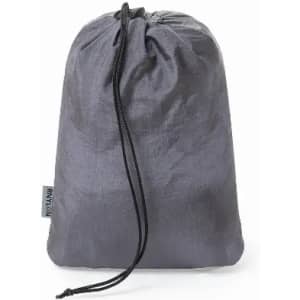 A grey drawstring pouch made of fabric, featuring a small logo on the side.