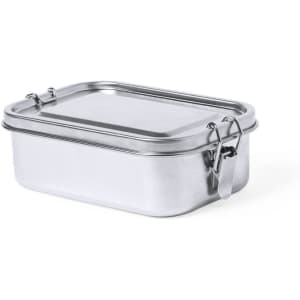 A stainless steel food container with a secure metal clasp and a flat lid, featuring a shiny silver finish.