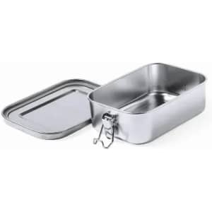 A stainless steel lunchbox with a secure latch and a removable lid, showcasing a sleek, shiny finish.
