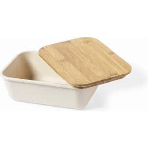 A rectangular container in beige with a bamboo wooden lid. Features a simple, modern design.