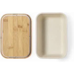 A storage container with a light beige interior and a bamboo lid, featuring a simple and modern design.