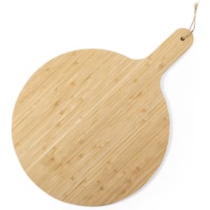 A round bamboo serving board with a handle, featuring a natural wood finish. The board has a rustic appearance.