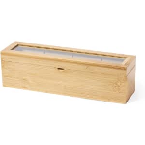 A bamboo storage box with a rectangular shape and a glass lid, featuring a small opening for access.