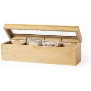A bamboo storage box with a hinged lid, featuring three compartments for organising items inside.