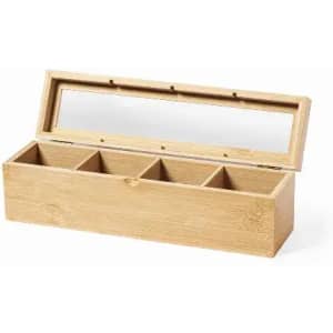 A bamboo storage box with a mirrored lid and four compartments inside. Made from natural bamboo.