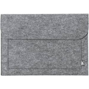 A grey felt laptop sleeve with a flap closure and a front pocket. It features a small logo tag on the side.