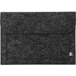 A grey felt laptop bag with a flap closure and front pocket. It features a simple design and has a branding logo.