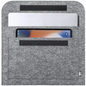 A grey felt laptop sleeve with two compartments, one holding a tablet and the other with a laptop.