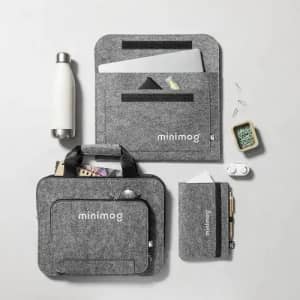 A grey felt product set including a drink bottle, laptop sleeve, organiser bag, and a small pouch. Each has a logo.