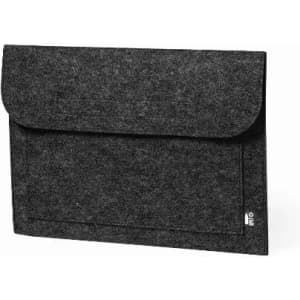 A dark grey laptop bag made of felt, featuring a flap closure and a front pocket. It has a logo on the side.