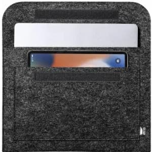 A dark grey laptop sleeve featuring a slim pocket for a laptop and an additional compartment for a tablet or phone.