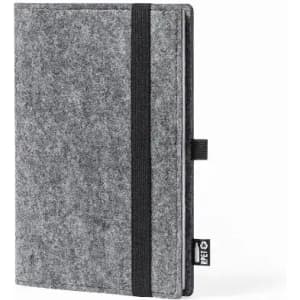 A grey felt notebook with a black elastic band and a small branding tag on the side.