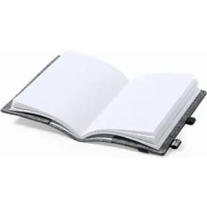 A grey notebook with an open cover, displaying blank white pages and a tag on the side.