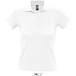 A white women's polo shirt made from 100% combed ring spun cotton with a logo on the label.