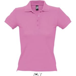 A pink women's polo shirt made from 100% combed ring spun cotton, featuring a collar and three buttons.
