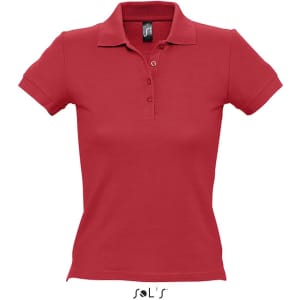 A red women's polo shirt made from 100% combed ring spun cotton, featuring a collar and buttons. It has a logo.