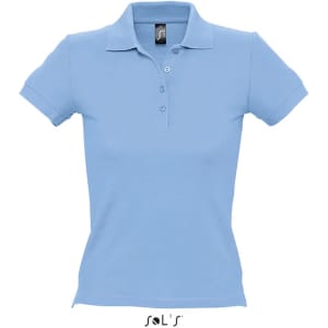 A light blue women's polo shirt made from 100% combed ring spun cotton. The shirt features a collar and buttons, with a logo.