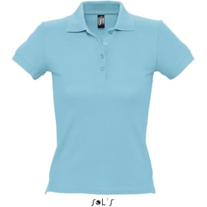 A light blue women's polo shirt made of 100% combed ring-spun cotton with a logo.