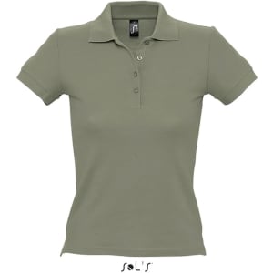 A women's polo shirt in olive green made from 100% combed ring spun cotton, featuring a collar and three buttons.