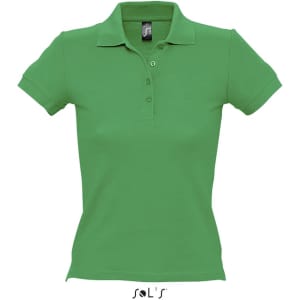 A women's polo shirt in vibrant green, made from 100% combed ring spun cotton, featuring a logo.