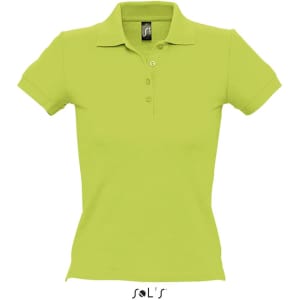 A women's polo shirt in bright lime green, made from 100% combed ring spun cotton, featuring a logo.