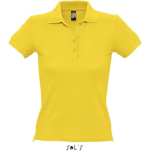A yellow women's polo shirt made from 100% combed ring spun cotton, featuring a collar and buttons.