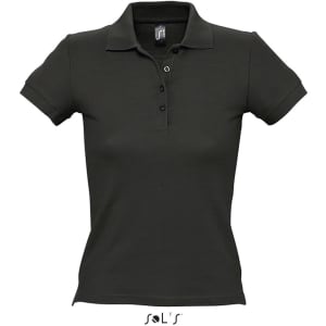 A black women's polo shirt made from 100% combed ring spun cotton, featuring a collar and three-button placket.