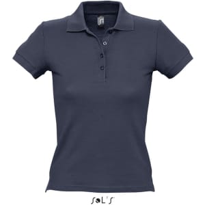 A navy blue women's polo shirt made from 100% combed ring spun cotton with a logo.
