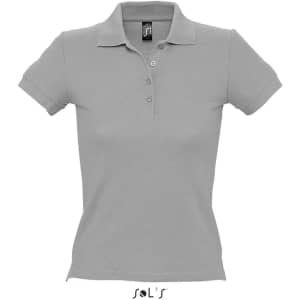 A women's polo shirt in grey, made from 100% combed ring spun cotton, featuring a collar and buttons.
