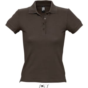 A brown women's polo shirt made of 100% combed ring-spun cotton, featuring a collar and buttons, with a logo.