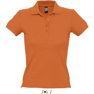 An orange women's polo shirt made from 100% combed ring spun cotton, featuring a collar and buttons, with a logo.