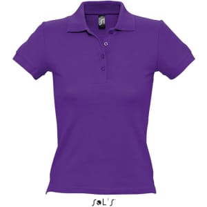 A purple women's polo shirt made from 100% combed ring spun cotton, featuring a collar and button placket.