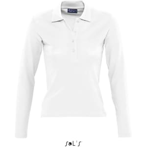 A white long sleeve women's polo shirt made from 100% combed ring spun cotton, featuring a collar and buttons.