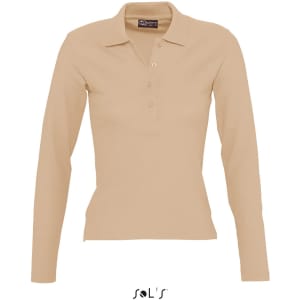 A women's long sleeve polo shirt in beige, made from 100% combed ring spun cotton, featuring a collar and buttons.