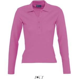 A women's long sleeve polo shirt in vibrant pink, made from 100% combed ring spun cotton, featuring a collar and buttons.