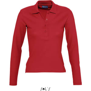 A women's long sleeve polo shirt in vibrant red, made from 100% combed ring spun cotton, featuring a collar and buttons.